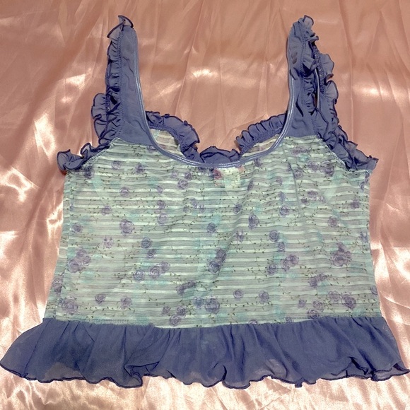 Y2K Blue Rose See-Through Ruffle Crop Top w/Underwire - Picture 4 of 5
